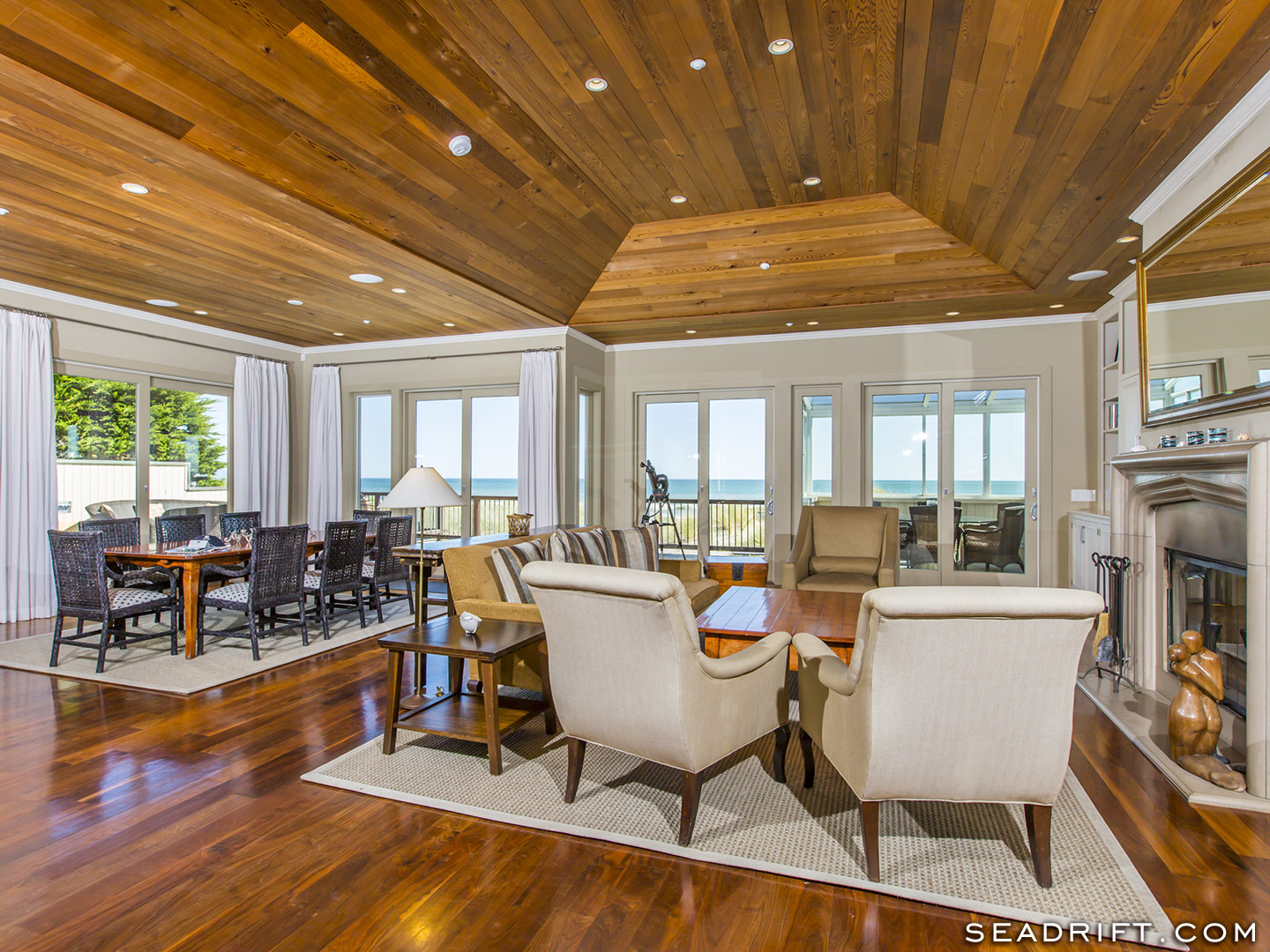 144 Seadrift Road, Stinson Beach, CA - Living room with ocean views and doors to ocean side deck