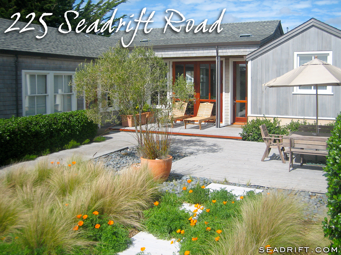 225 Seadrift Road, Stinson Beach — View to house from front courtyard